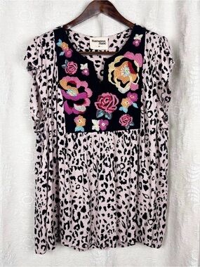 Savanna Jane Pink and Black Leopard Print Top with Embroidered Floral Yoke 2X